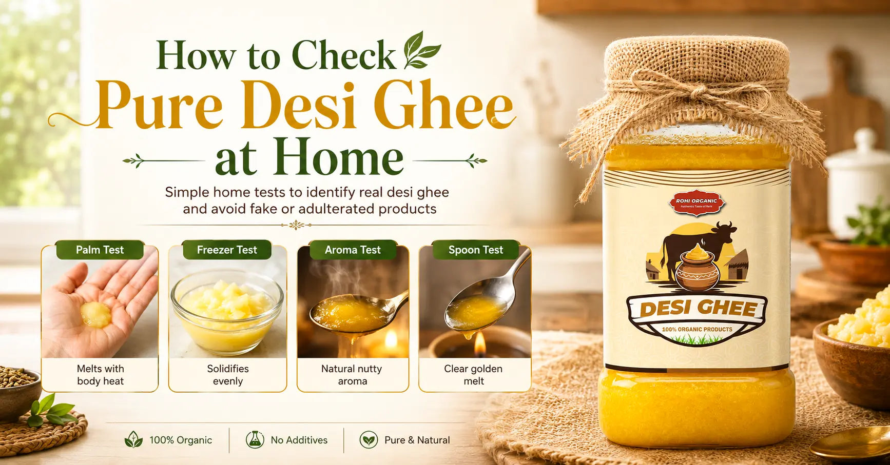 7 at-home tests for pure desi ghee with Rohi Organic ghee jar