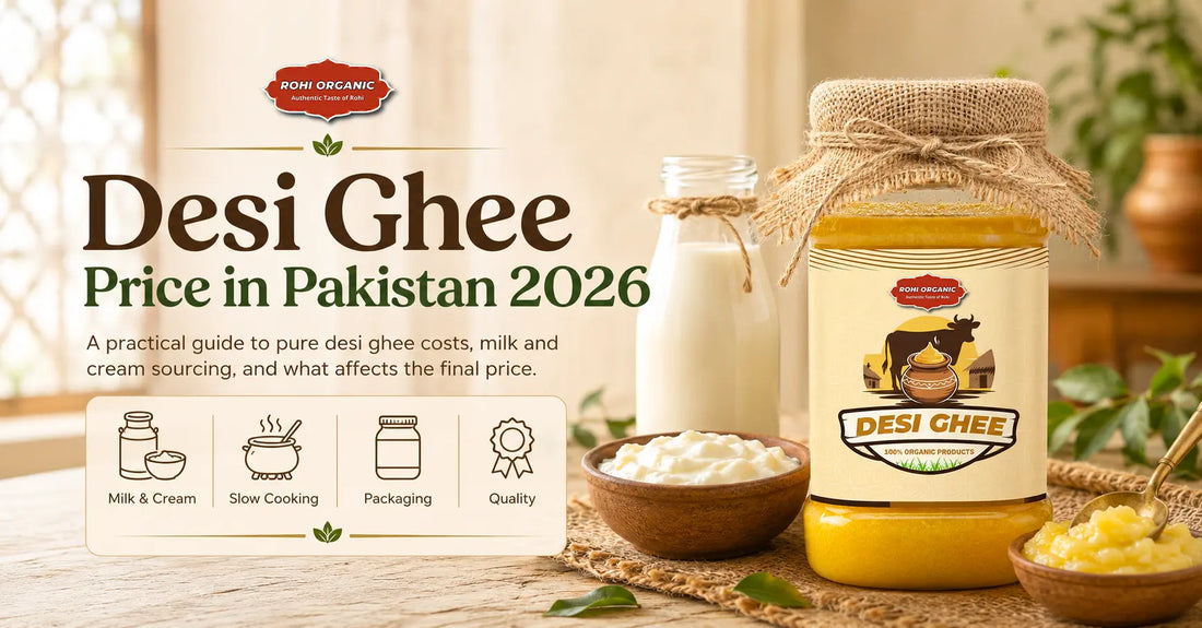 Desi ghee price in Pakistan 2026 guide with Rohi Organic ghee jar milk and cream