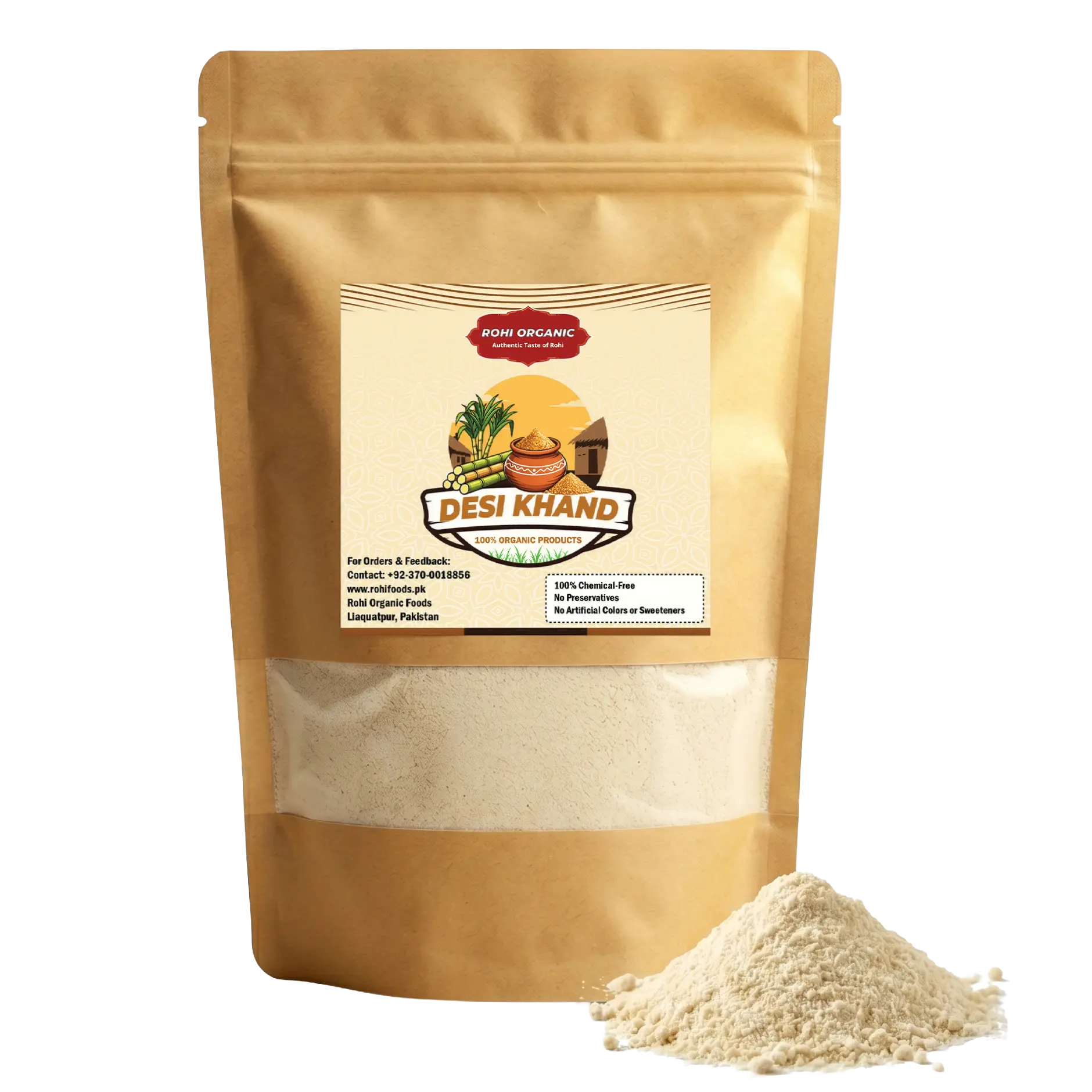 Rohi Organic Desi Khand 900g pouch with chemical-free natural khand in Pakistan