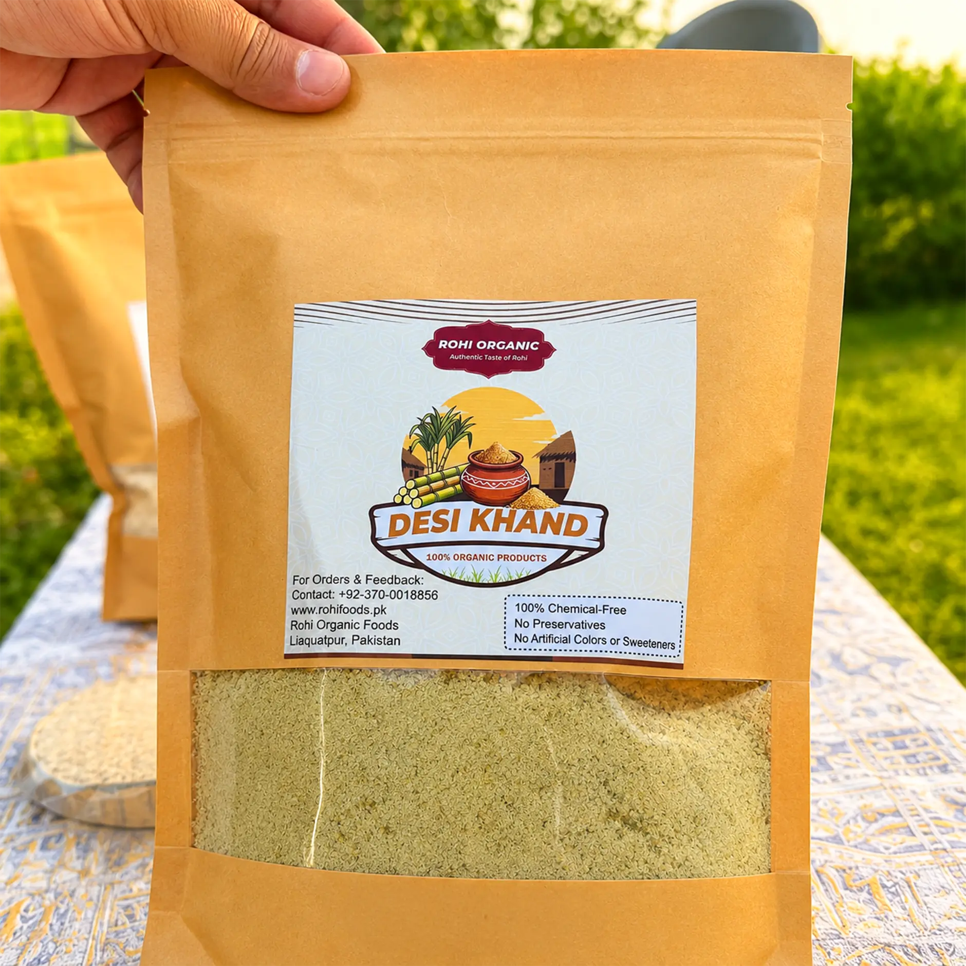 Rohi Organic Desi Khand 900g pouch with chemical-free natural khand in Pakistan