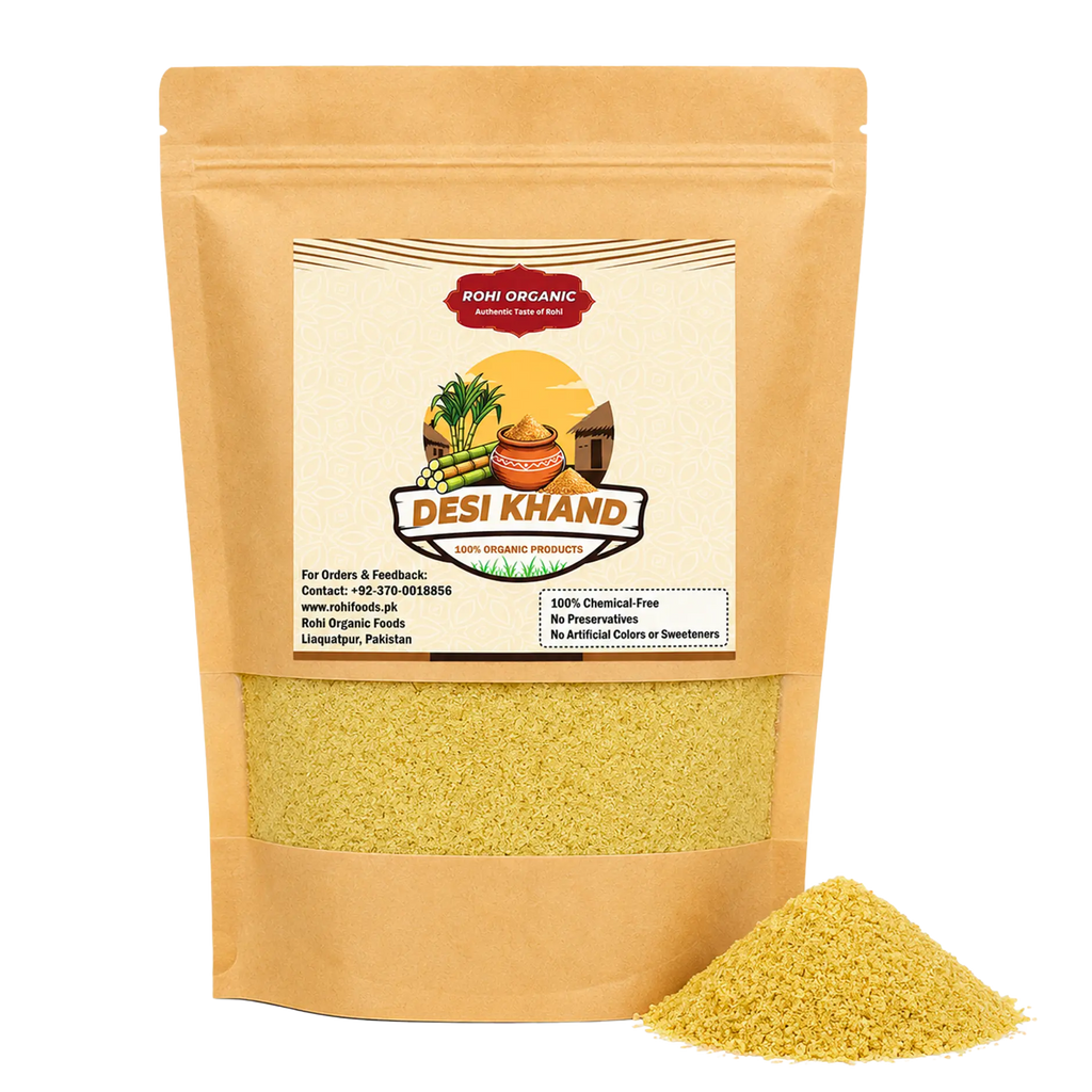 Rohi Organic Desi Khand 900g pouch with chemical-free natural khand in Pakistan