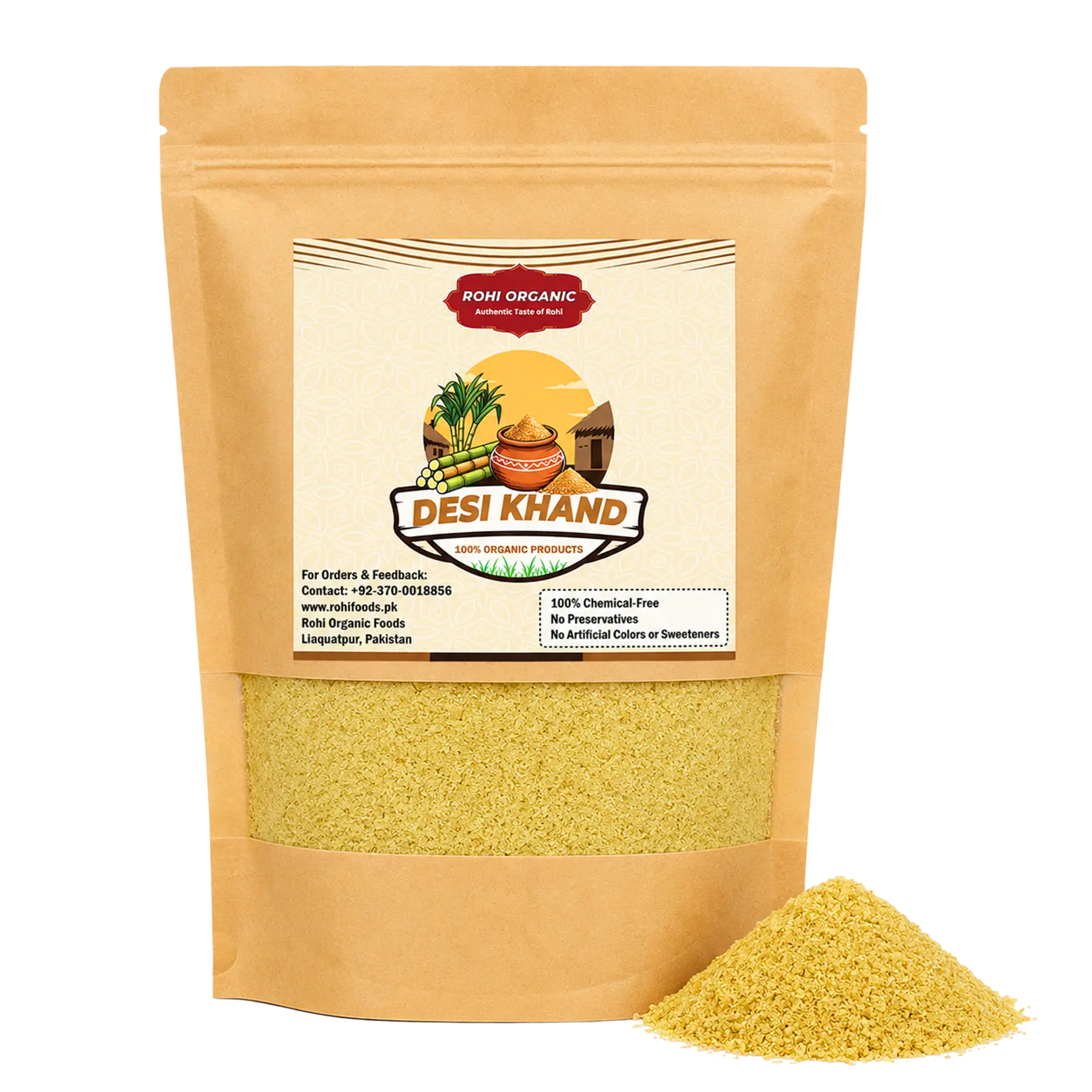 Rohi Organic Desi Khand 900g pouch with chemical-free natural khand in Pakistan