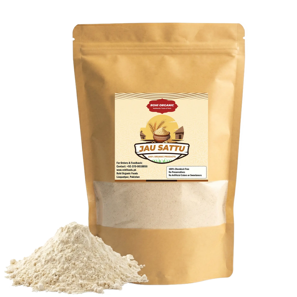 Rohi Organic Jau Sattu 900g pouch for natural summer jau sattu drink in Pakistan