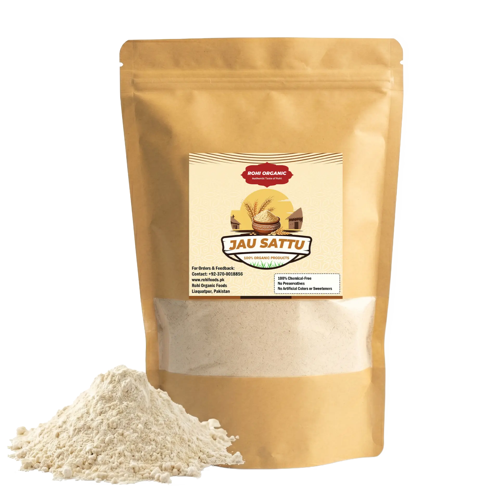 Rohi Organic Jau Sattu 900g pouch for natural summer jau sattu drink in Pakistan