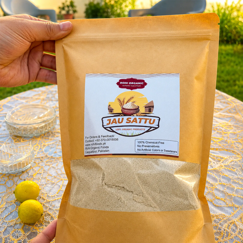 Rohi Organic Jau Sattu 900g pouch for natural summer sattu drink in Pakistan